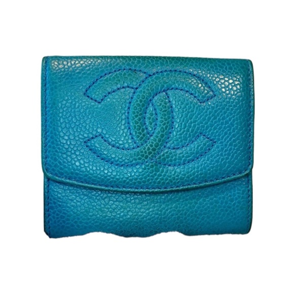 Vintage CHANEL Caviar Electric Blue Card Holder Flap Wallet - Picture 1 of 10